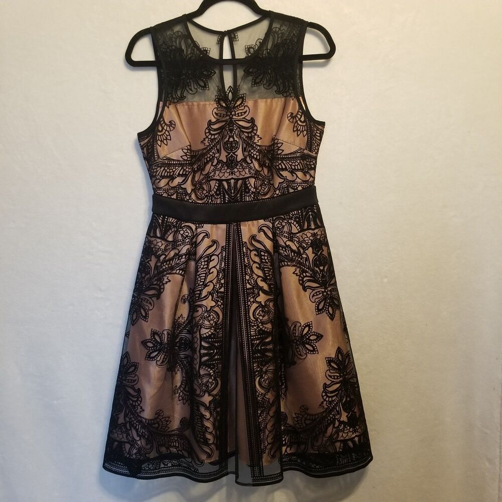 Roz & Ali 6 Dress Copper Black Mesh Overlay Floral Velevet Flocked Party Holiday